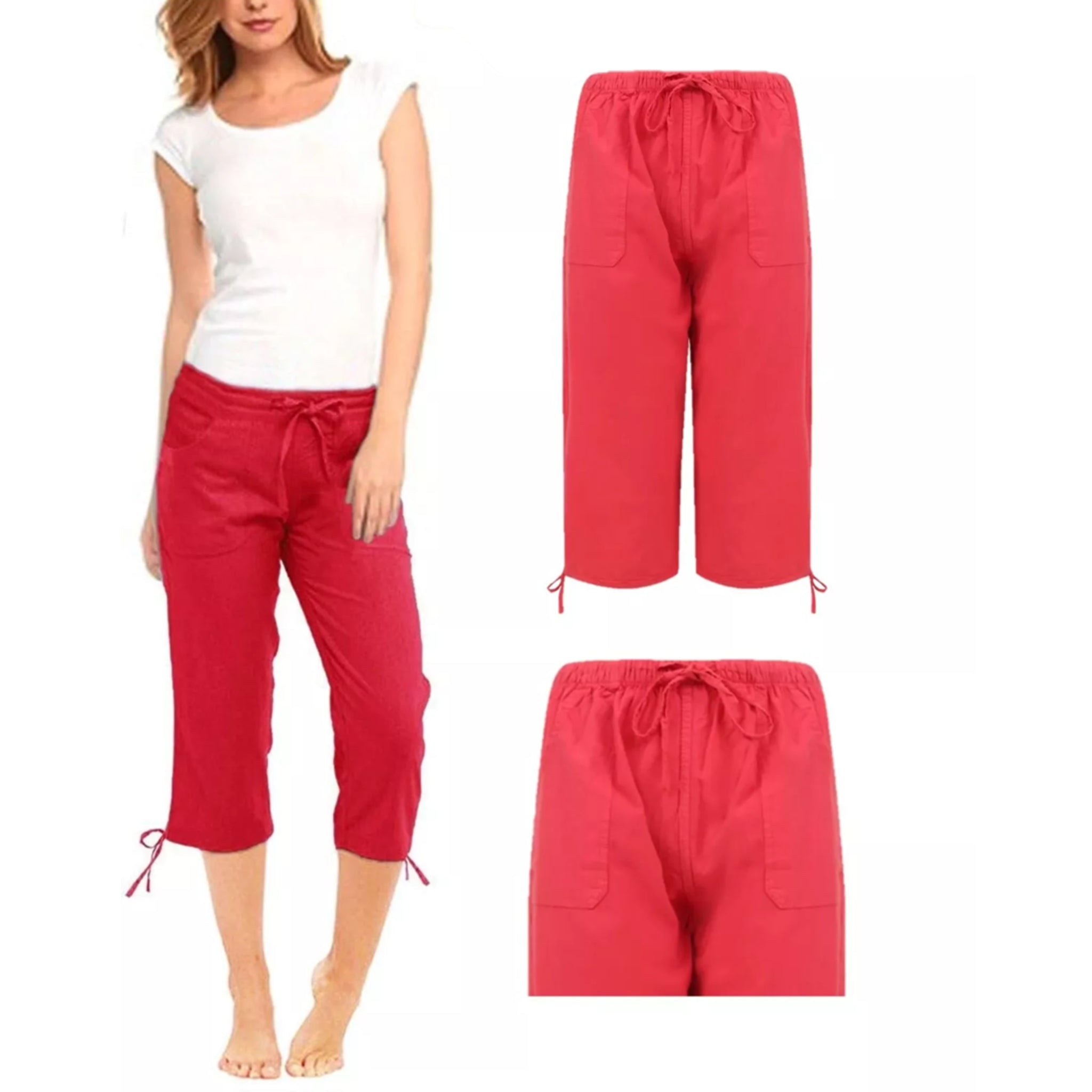 Ladies 3/4 pedal shorts in red – lightweight cropped summer trousers with drawstring waist and pockets, casual capri pants.